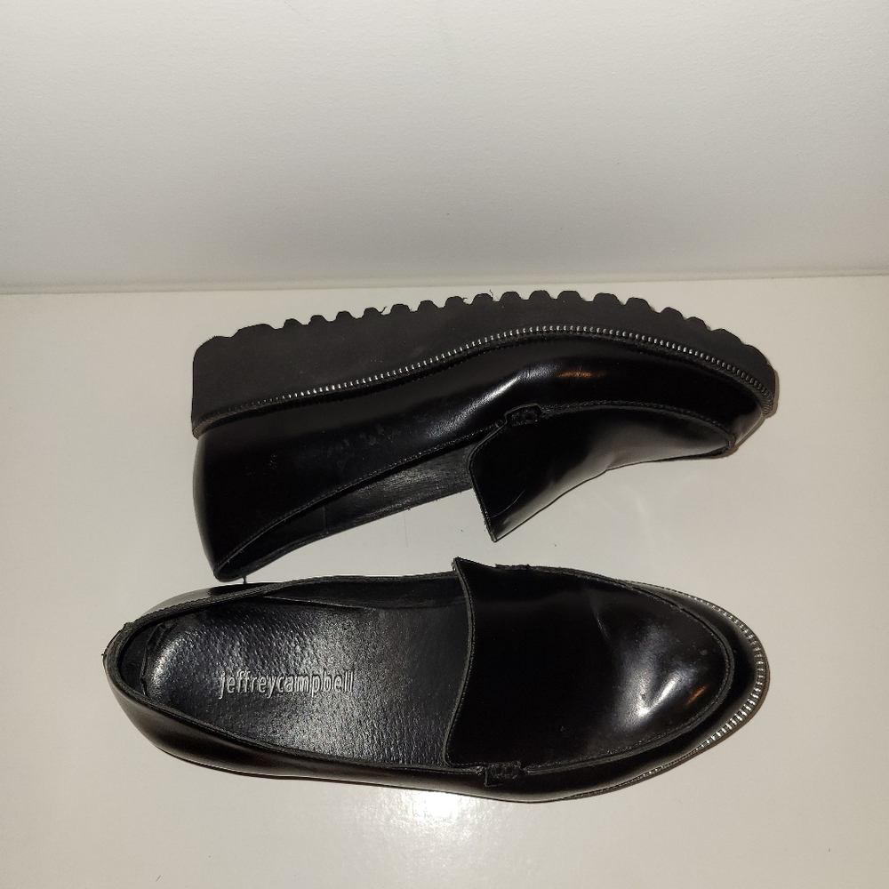 Jeffrey Campbell, black patent leather lug sole loafers. Feather weight. 6.5